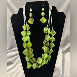 Vibrant Green Beaded Necklace with Silver Chain and Matching Drop Earrings
